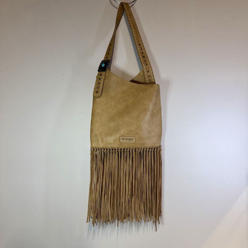 Wrangler Brown Fringe Studded Shoulder Bag Zip Closure Inner Pockets Western